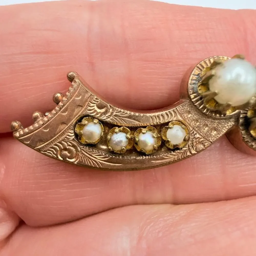 Antique Victorian Rose Gold Filled Seed Pearl Wave Bar Brooch Pin Bow Engraved